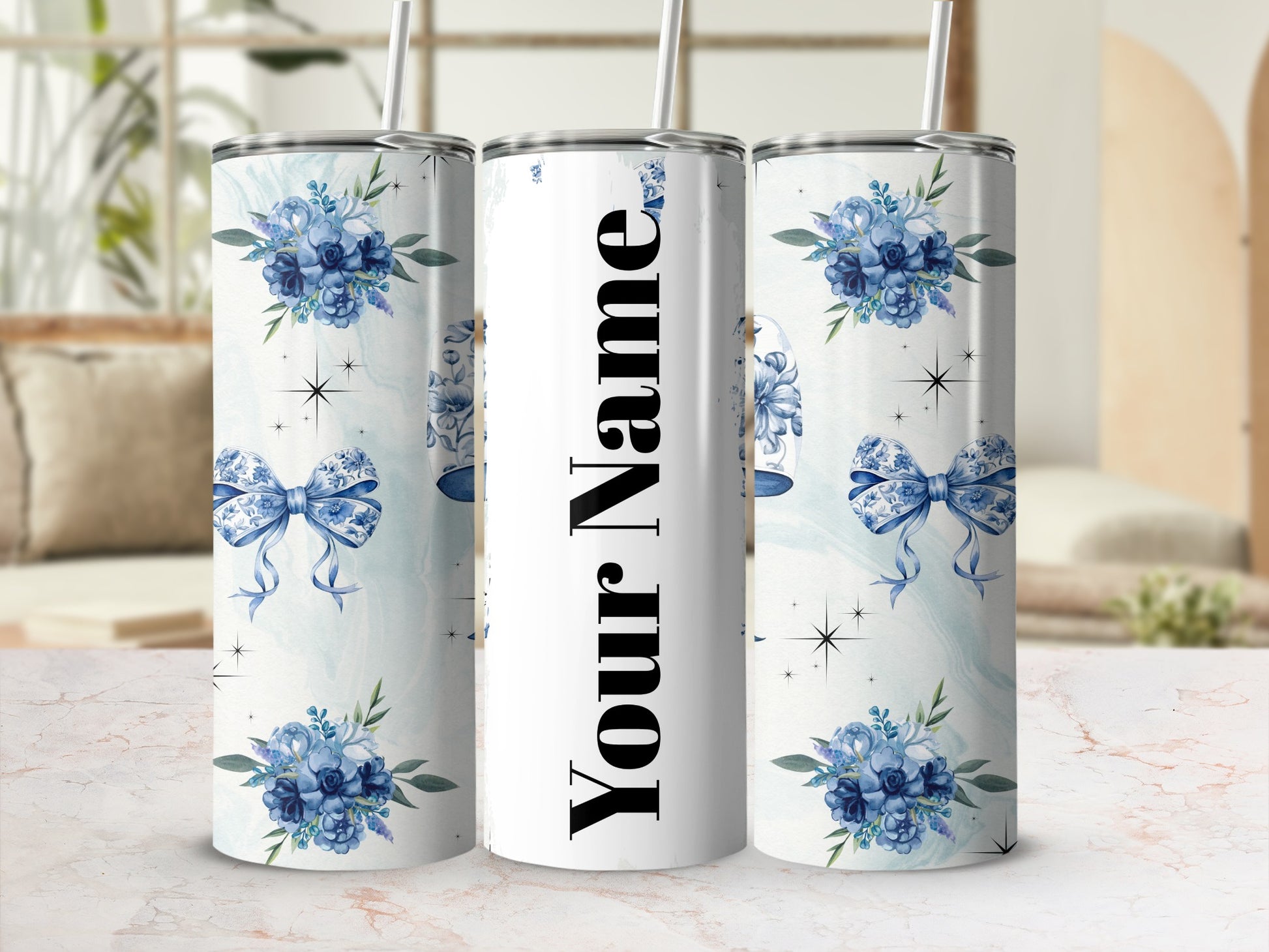 Personalized Floral Blue Bow Design Tumbler Cup Decor