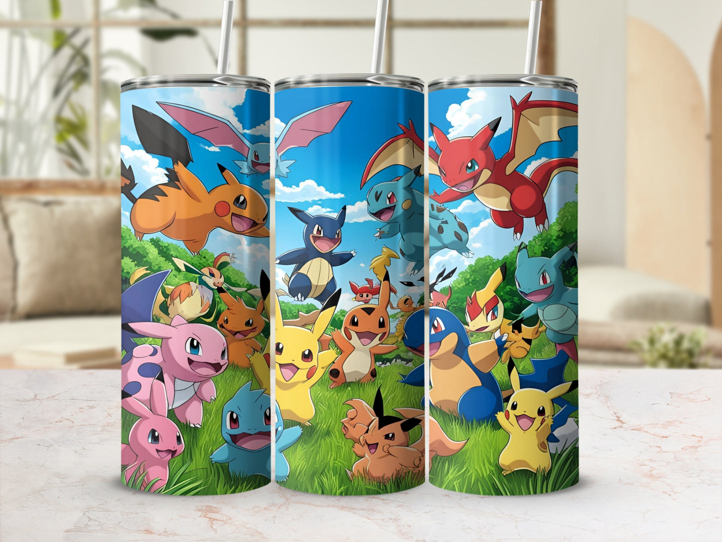 Pokemon characters including Pikachu, Charmander, and Jigglypuff on a tumbler.