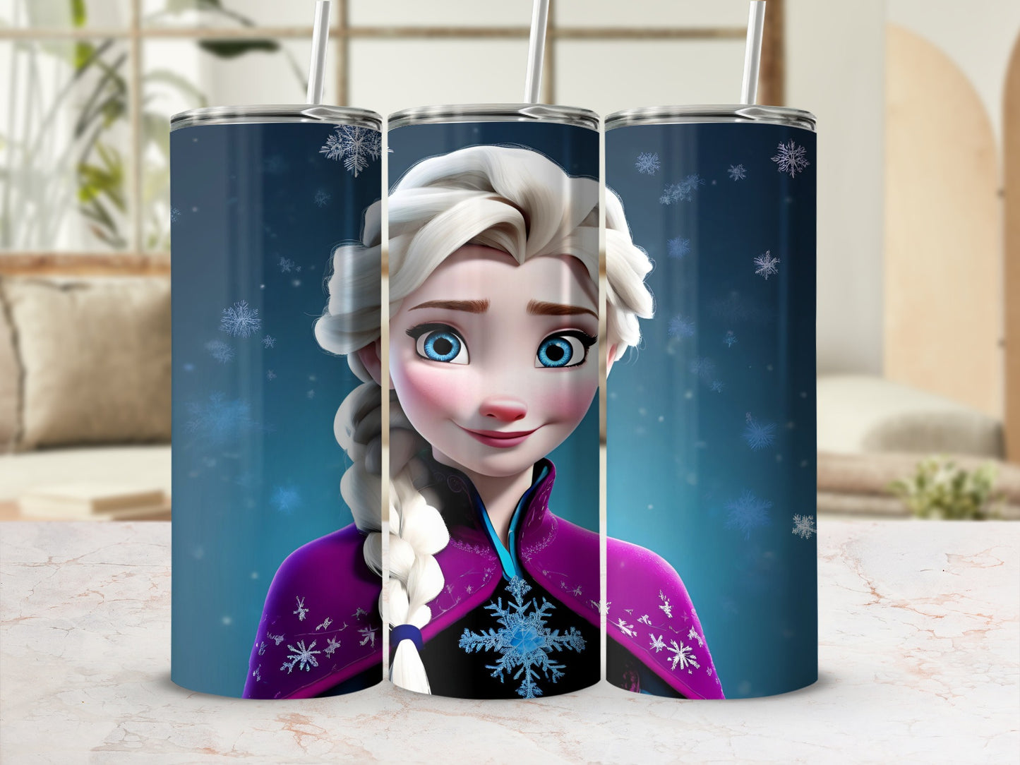 Elsa from Frozen on a blue tumbler with snowflakes.