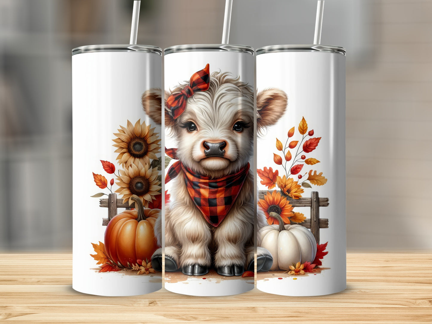 Cute baby cow with sunflowers, pumpkins, and fall leaves wearing a red bow.