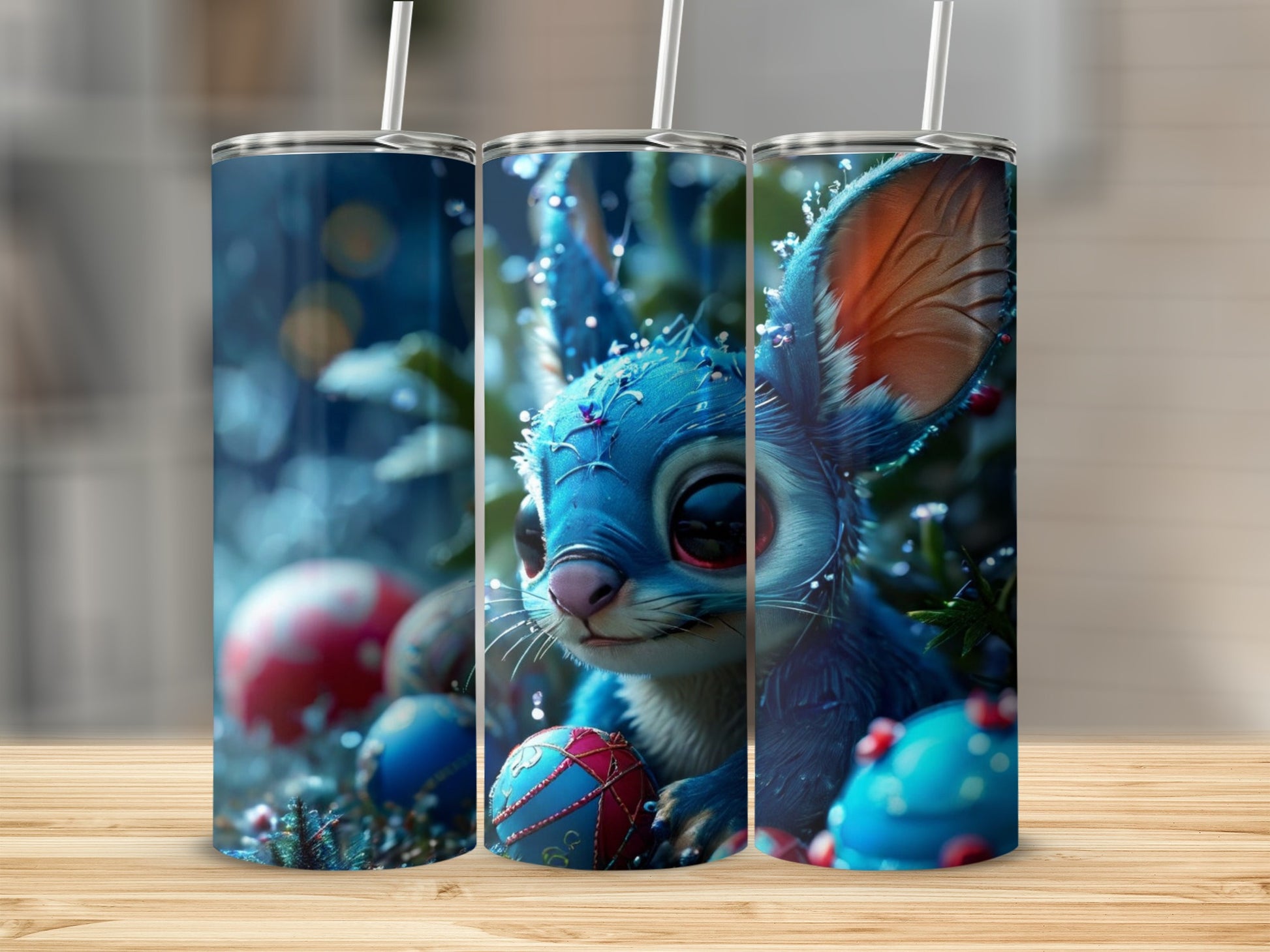 Blue character with large ears and red eyes, surrounded by holiday ornaments.