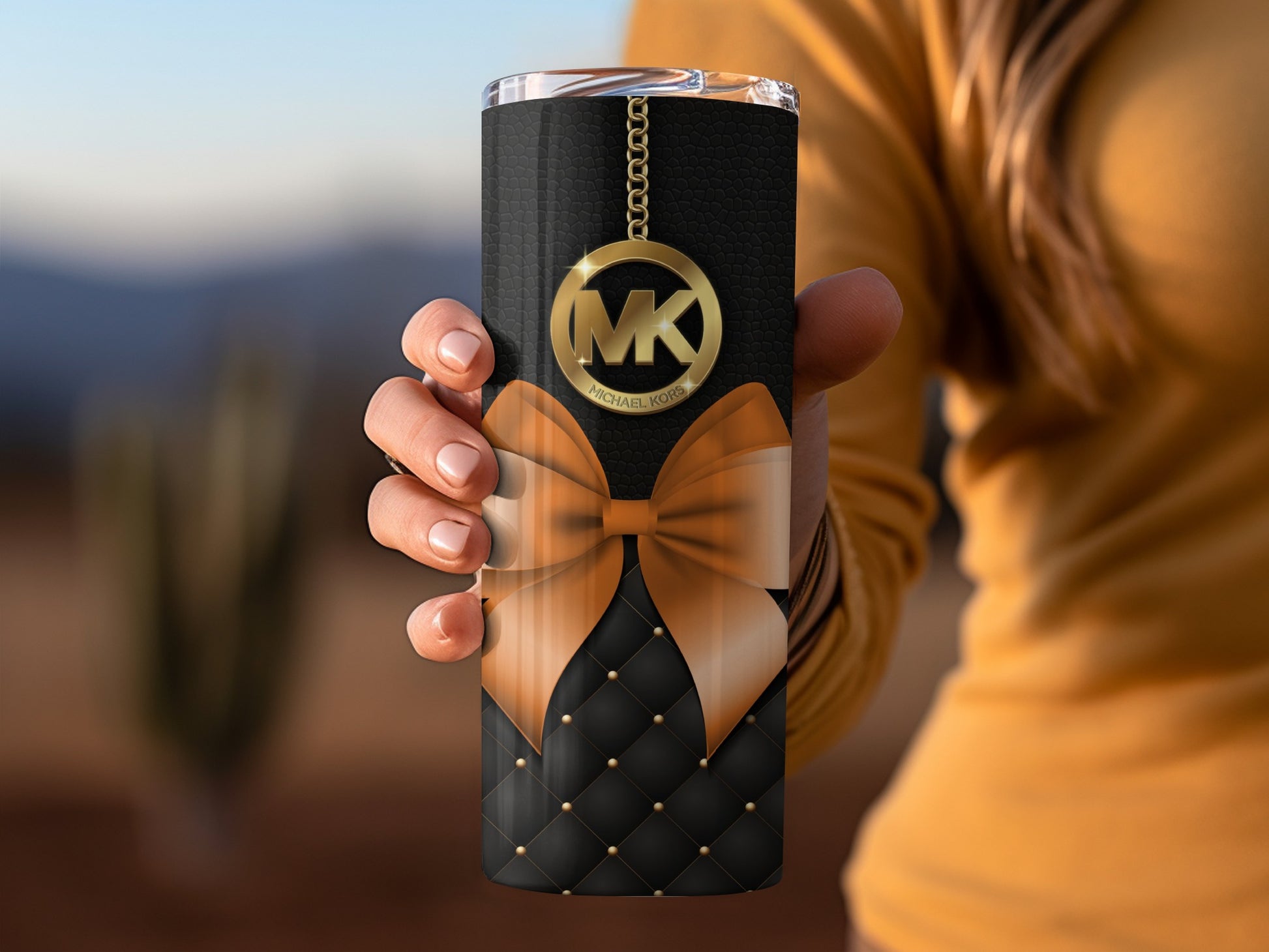 Black and Gold Bow Design Tumbler with Monogram Pattern