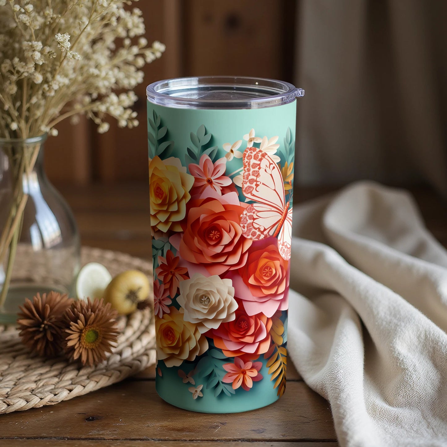 Floral and Butterfly Design Insulated Tumbler