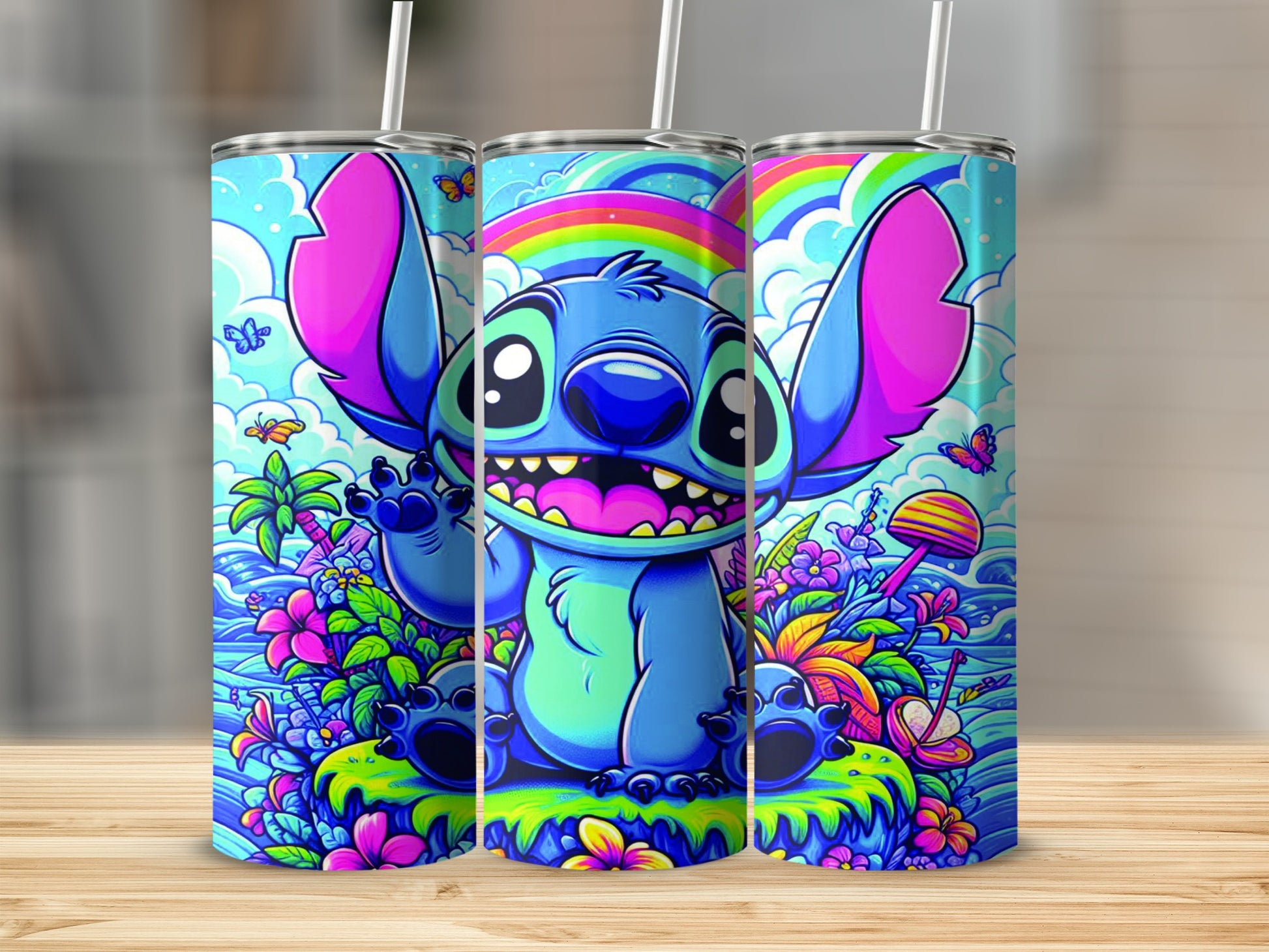 Cartoon Stitch character on a vibrant, colorful background with rainbows and butterflies.