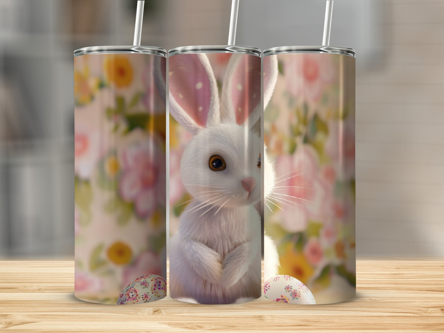 White bunny peeking through floral background with Easter eggs.