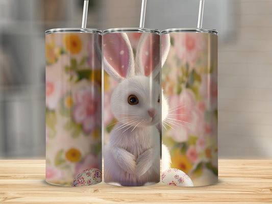 White bunny peeking through floral background with Easter eggs.