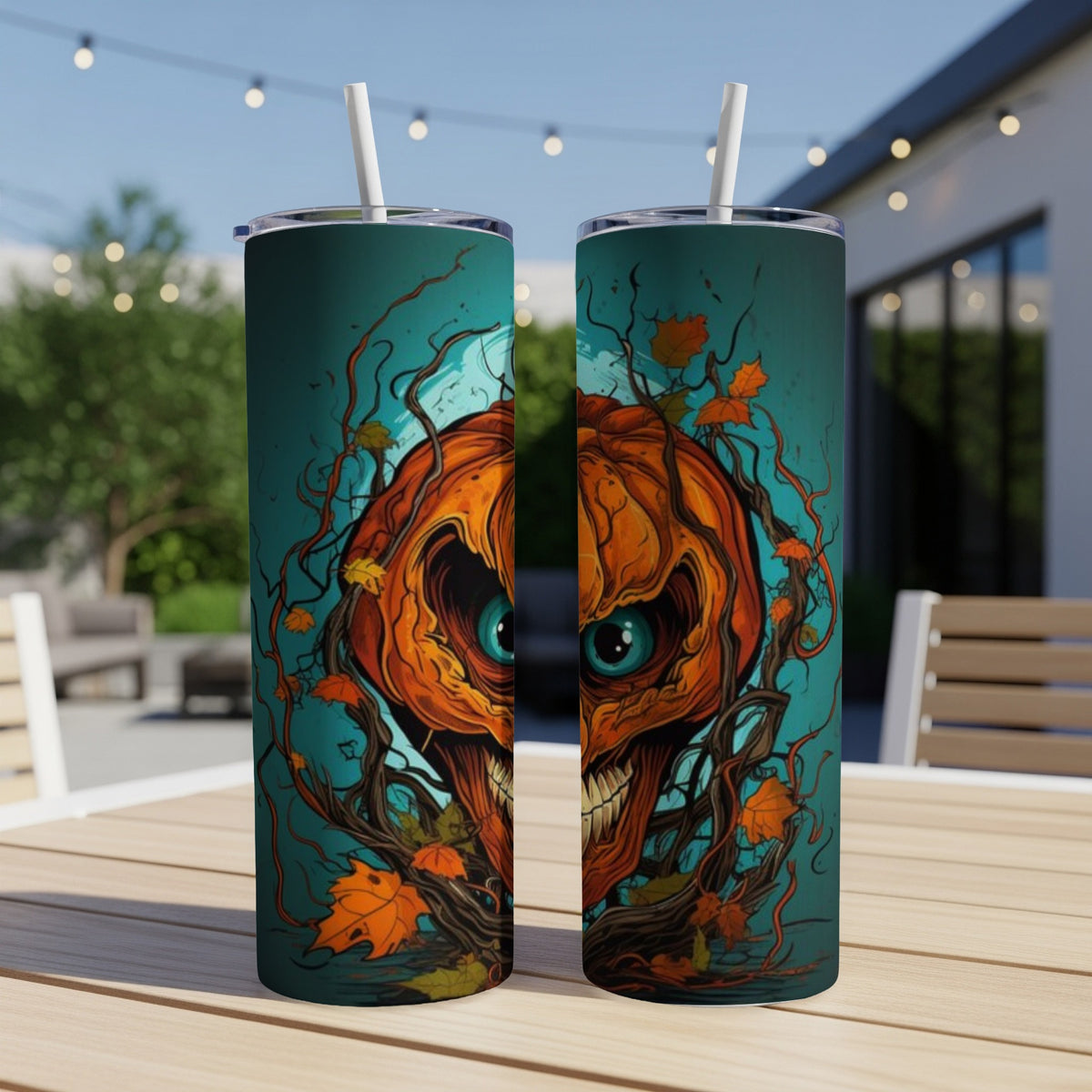 Two tumblers with a spooky jack-o'-lantern design and autumn leaves.
