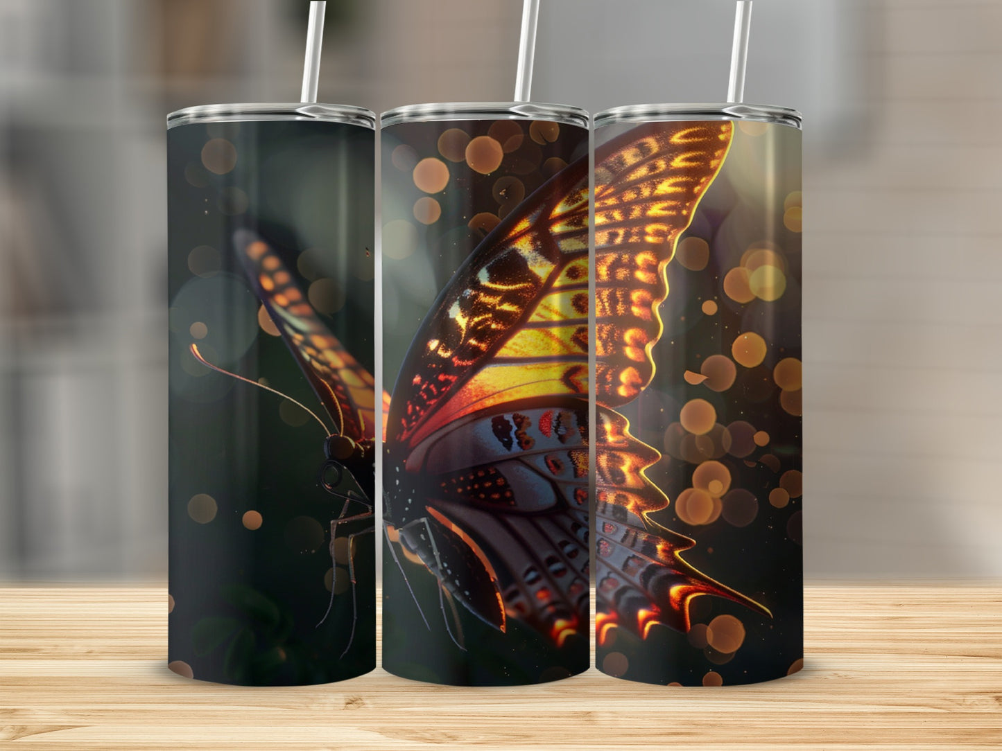 Butterfly wing pattern on a stainless steel tumbler with bokeh lights.