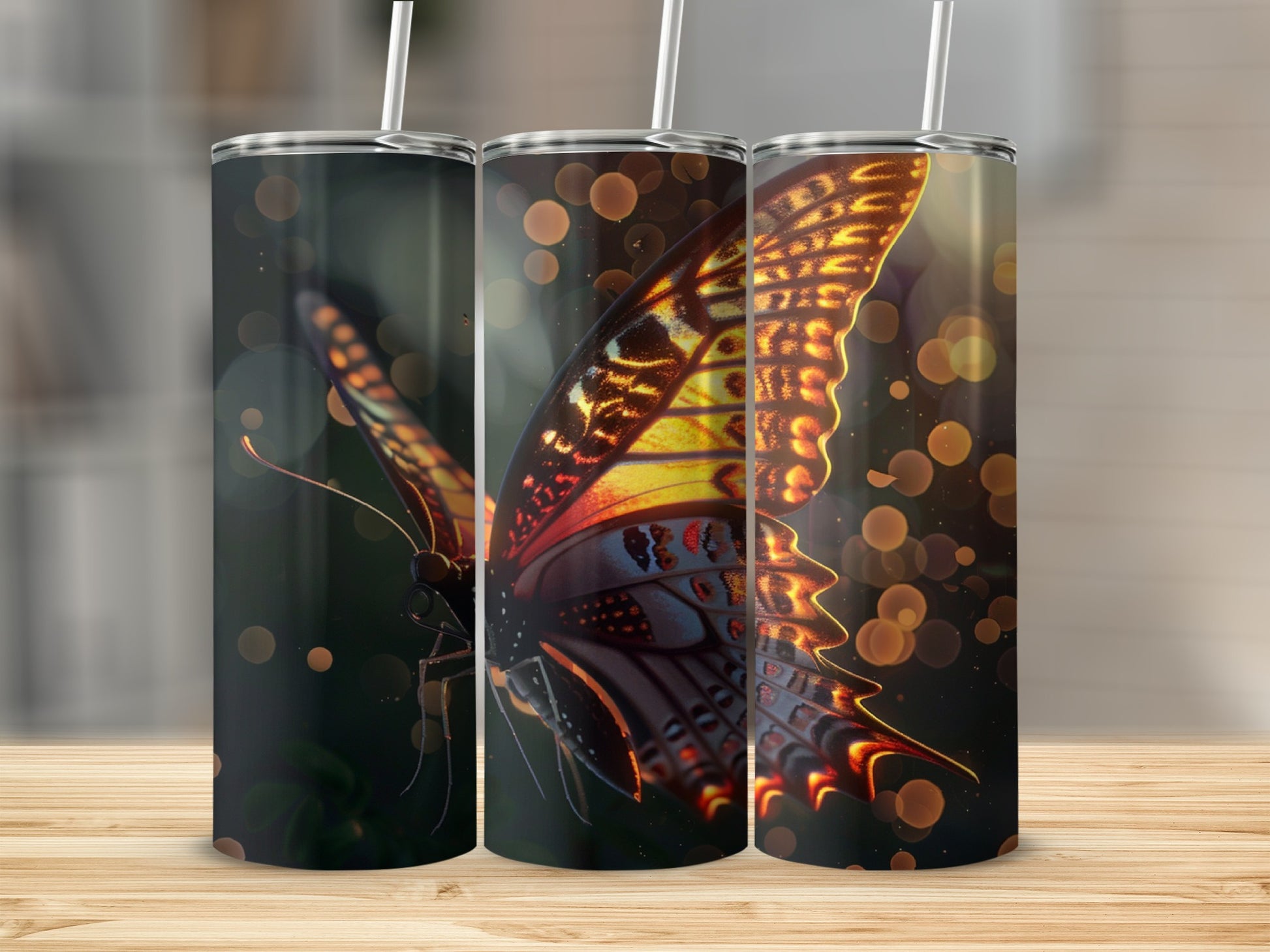 Butterfly wing pattern on a stainless steel tumbler with bokeh lights.