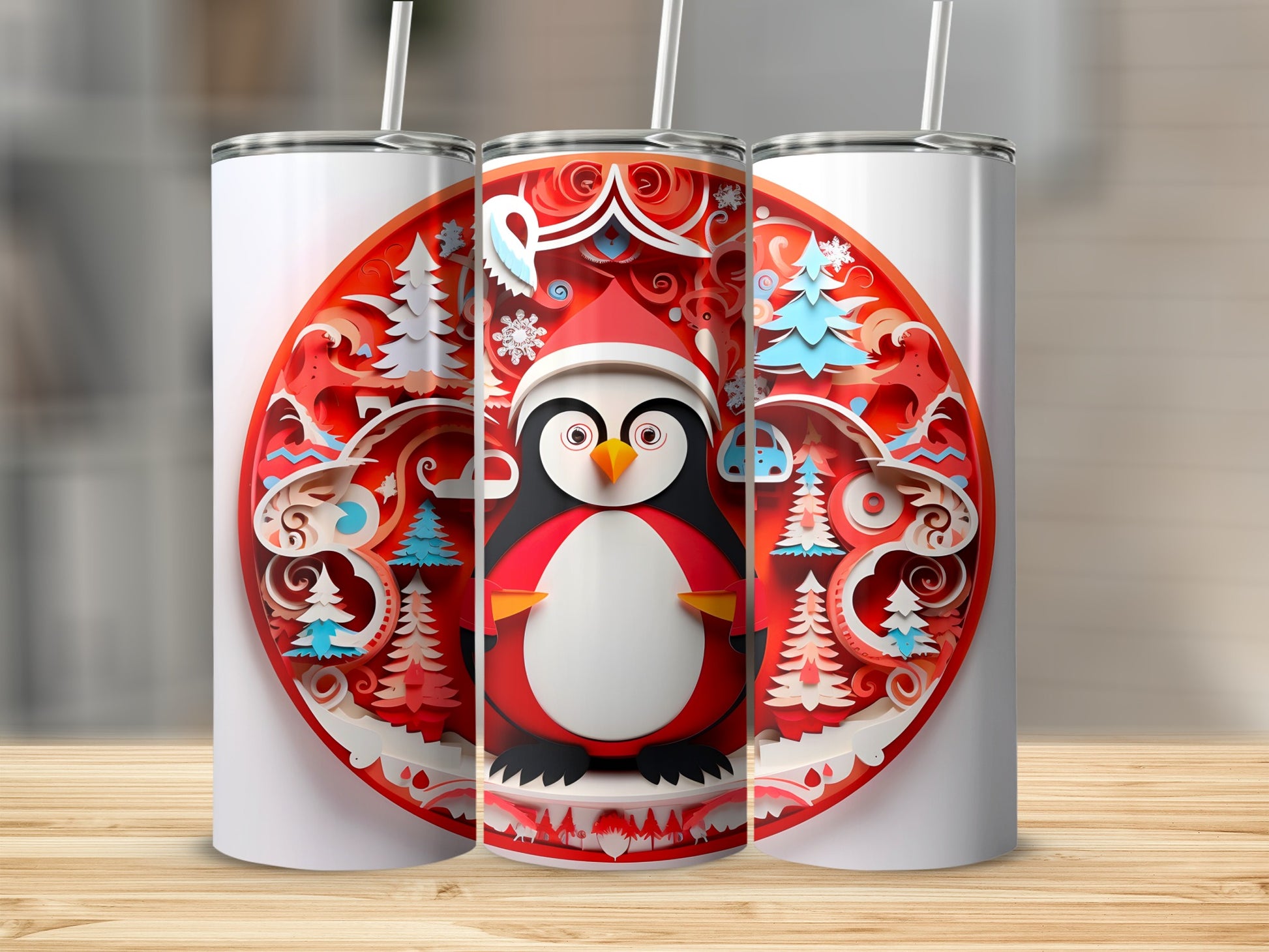 Three white tumblers with a festive penguin and winter scene design.