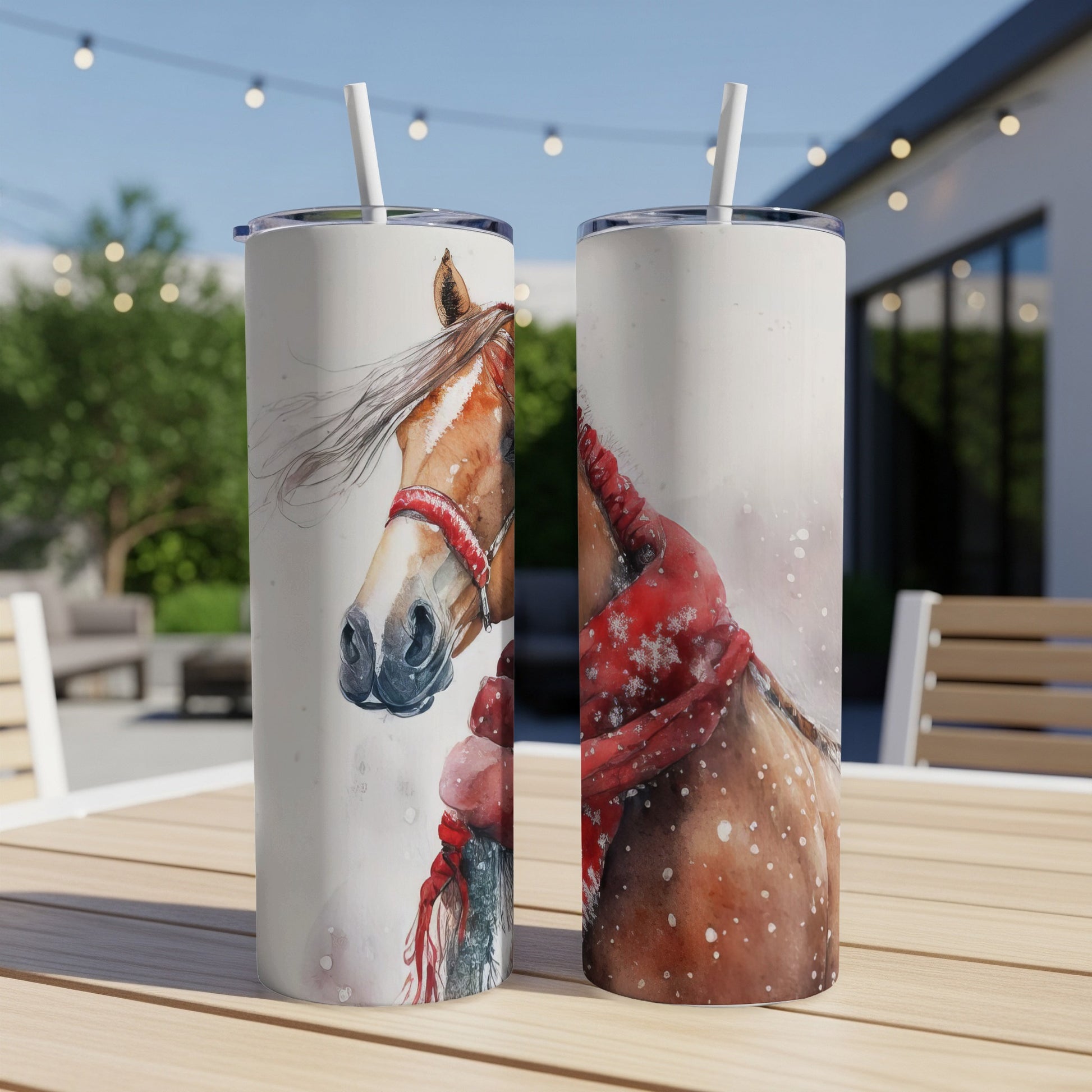 Two tumblers with a watercolor horse and red scarf design.