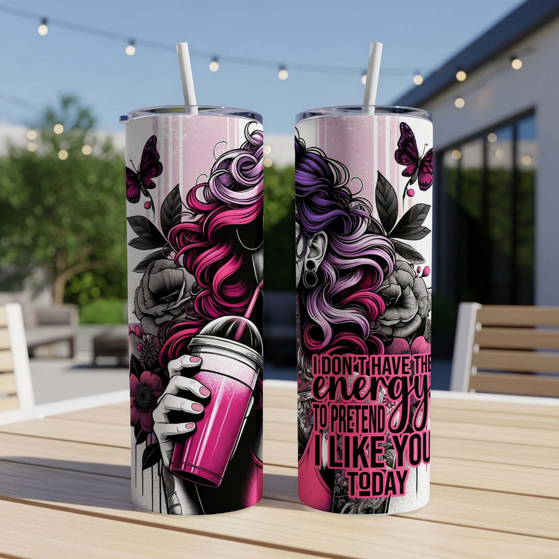 Tumbler with pink butterfly and floral design, and empowering quote.