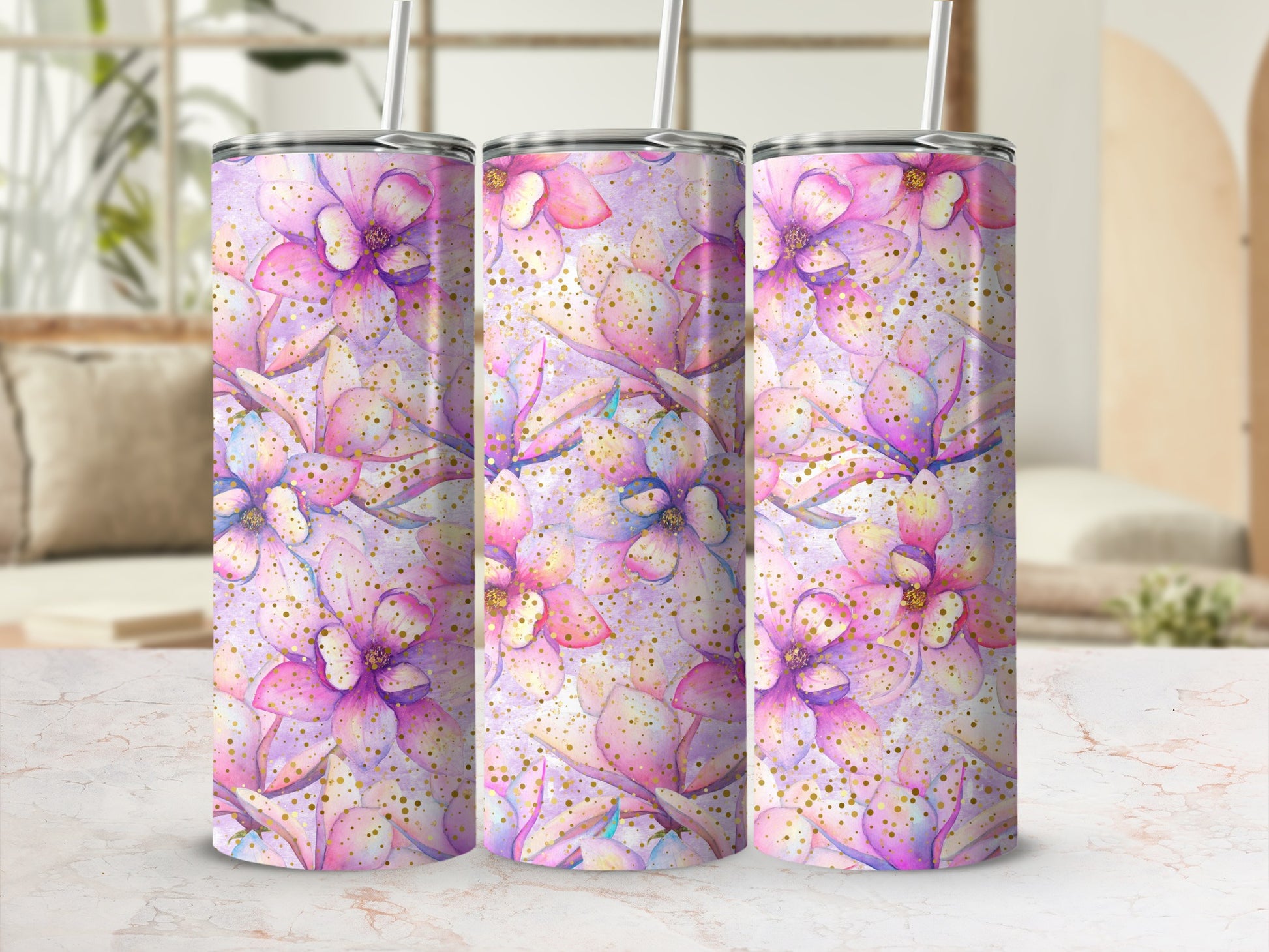 Floral Abstract Design Tumbler with Straw 20oz Tumbler