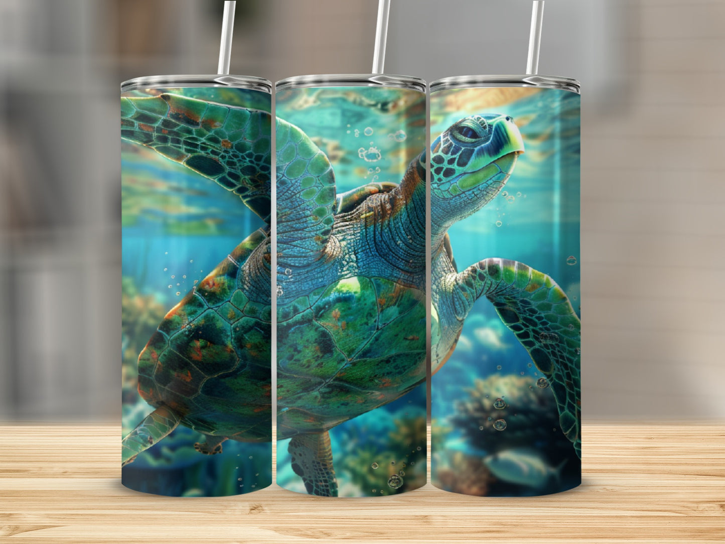 Green sea turtle swimming underwater with coral and bubbles.