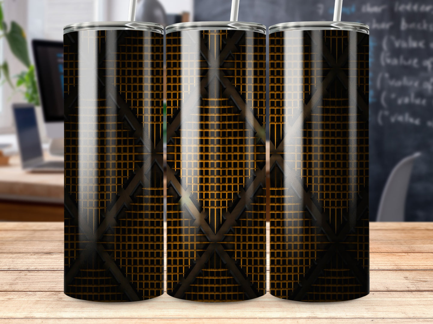 Bronze Geometric Trellis Over Black Background Tumblers