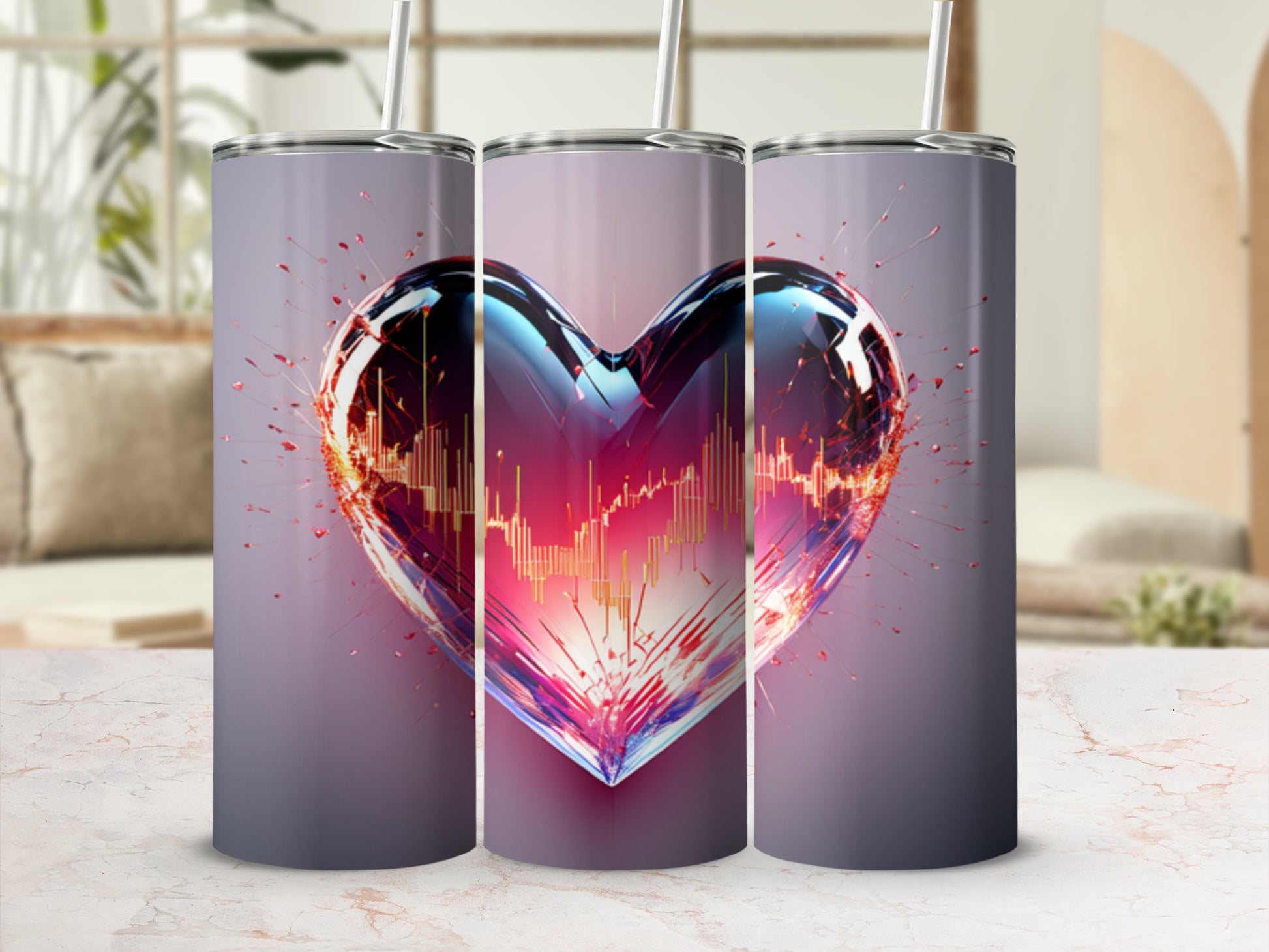 Heart-shaped tumbler with stock market graph design and straw.