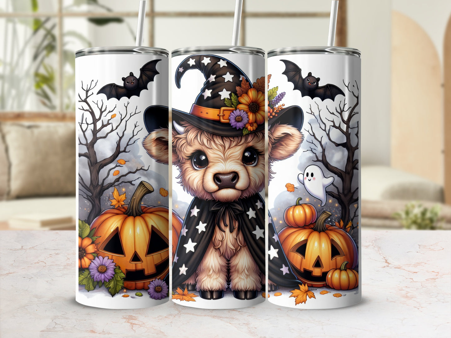 Cow wearing witch hat and cape with Halloween pumpkins and bats.