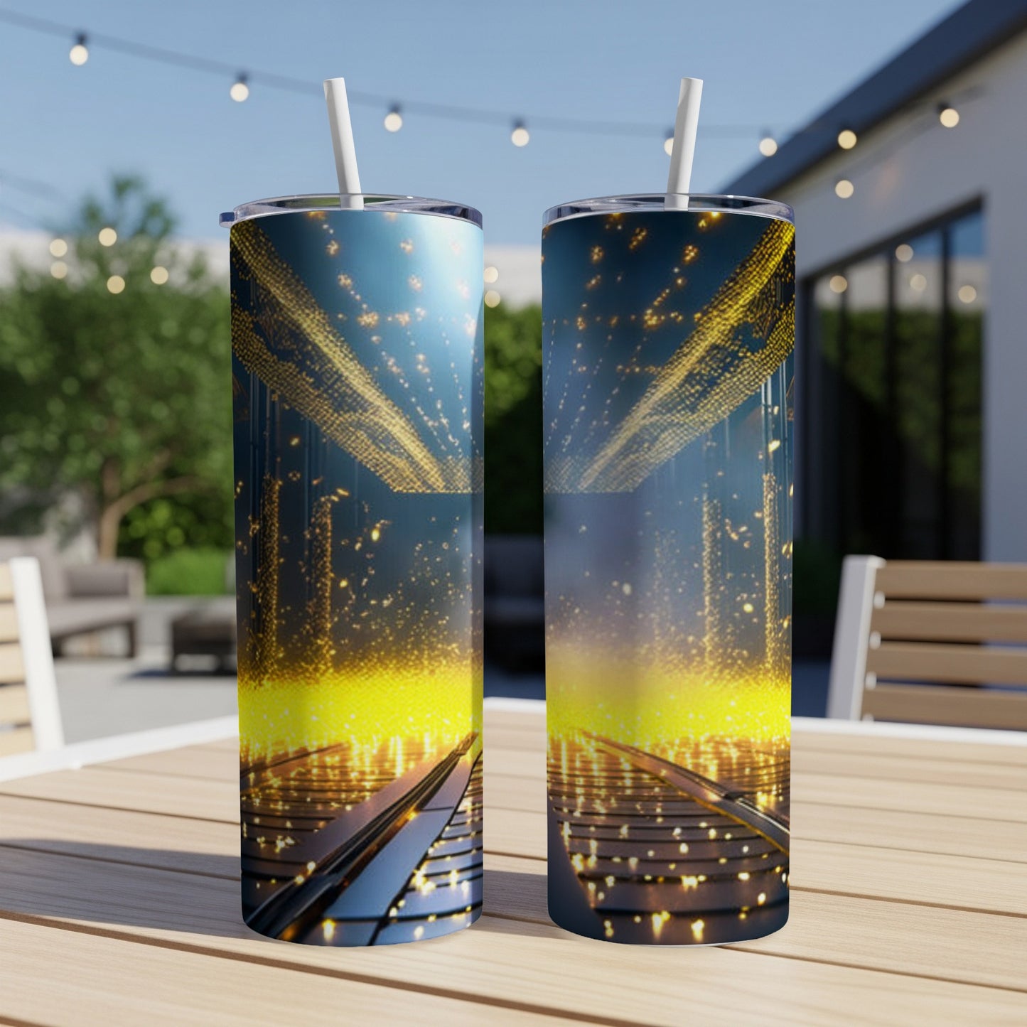 Two tall tumblers with a golden abstract light tunnel design.