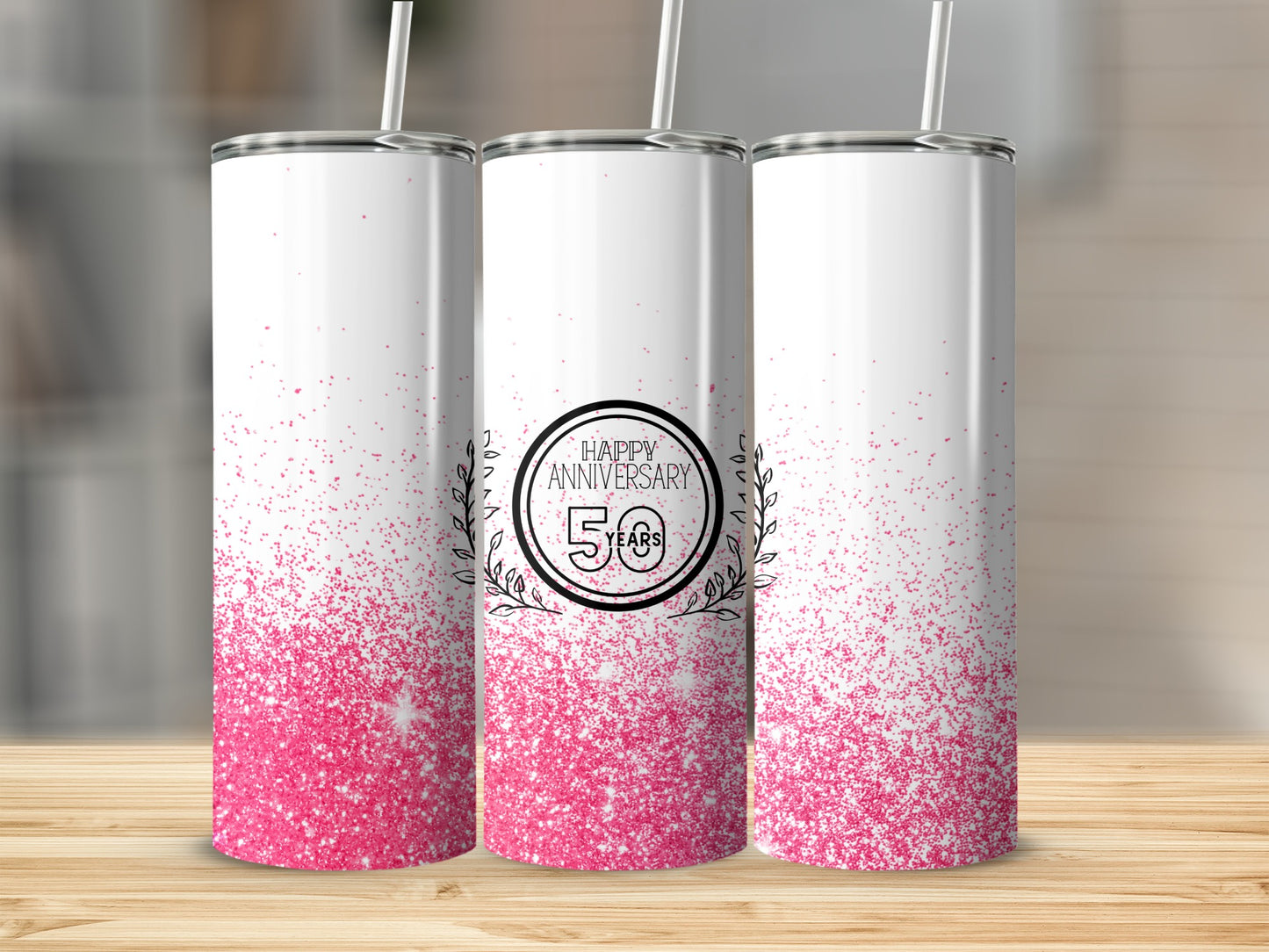 Three white tumblers with pink glitter and "Happy Anniversary" text.