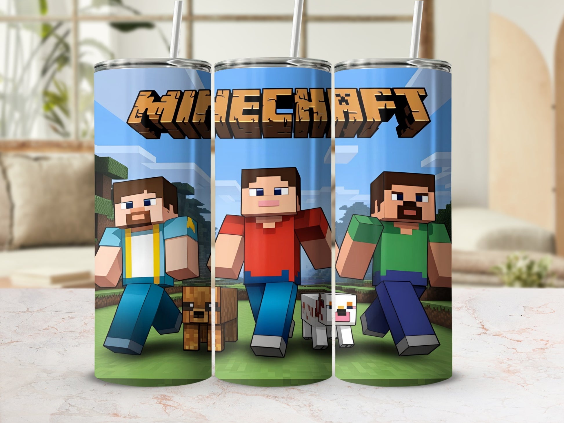 Minecraft characters Steve and Alex with dogs on a tumbler.