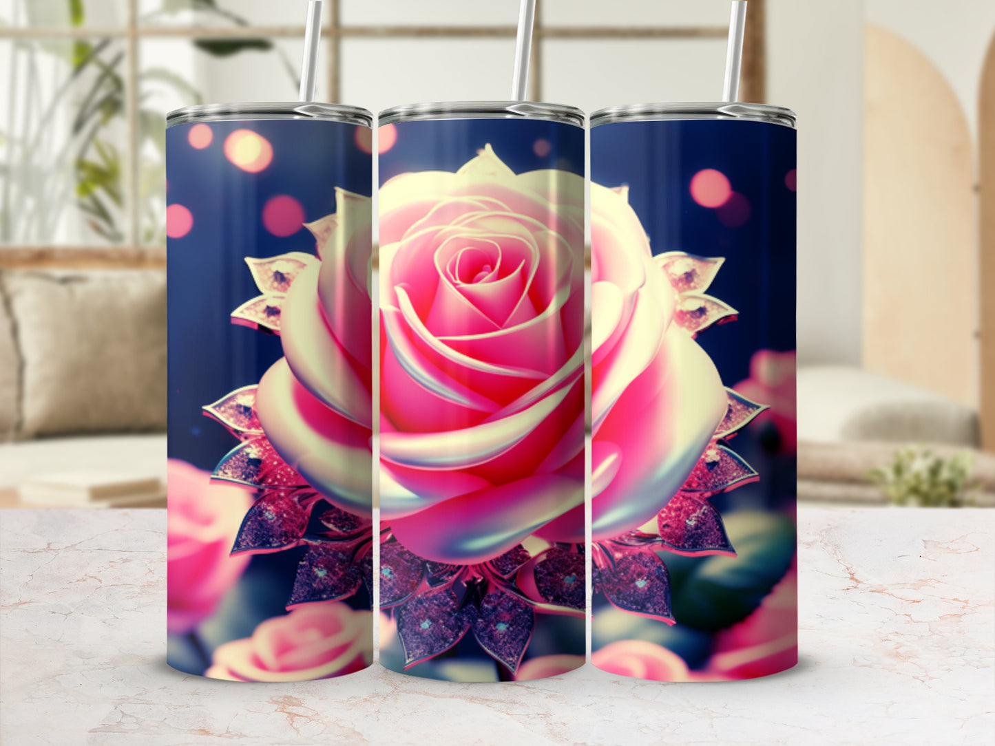 Triptych of tumblers featuring a pink and white rose design with iridescent petals.