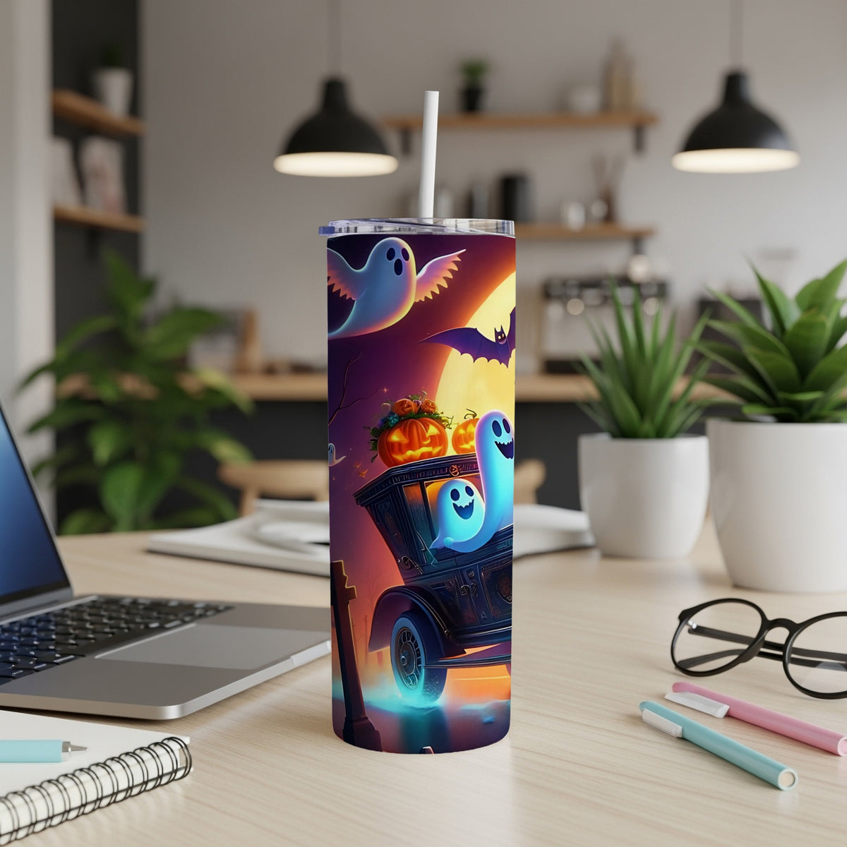 Tumbler with Halloween ghosts, pumpkins, bat, and vintage car design.