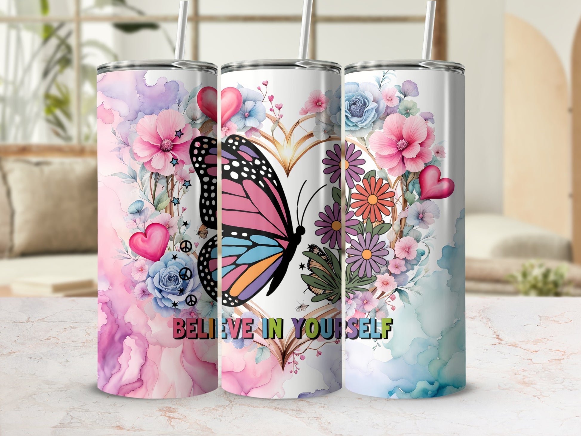 Believe In Yourself Butterfly And Flowers Drinkware