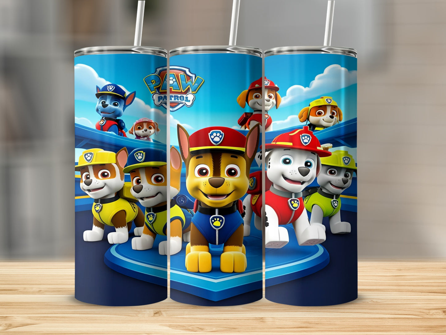 Paw Patrol characters Chase, Marshall, and Rubble on a blue and yellow shield.