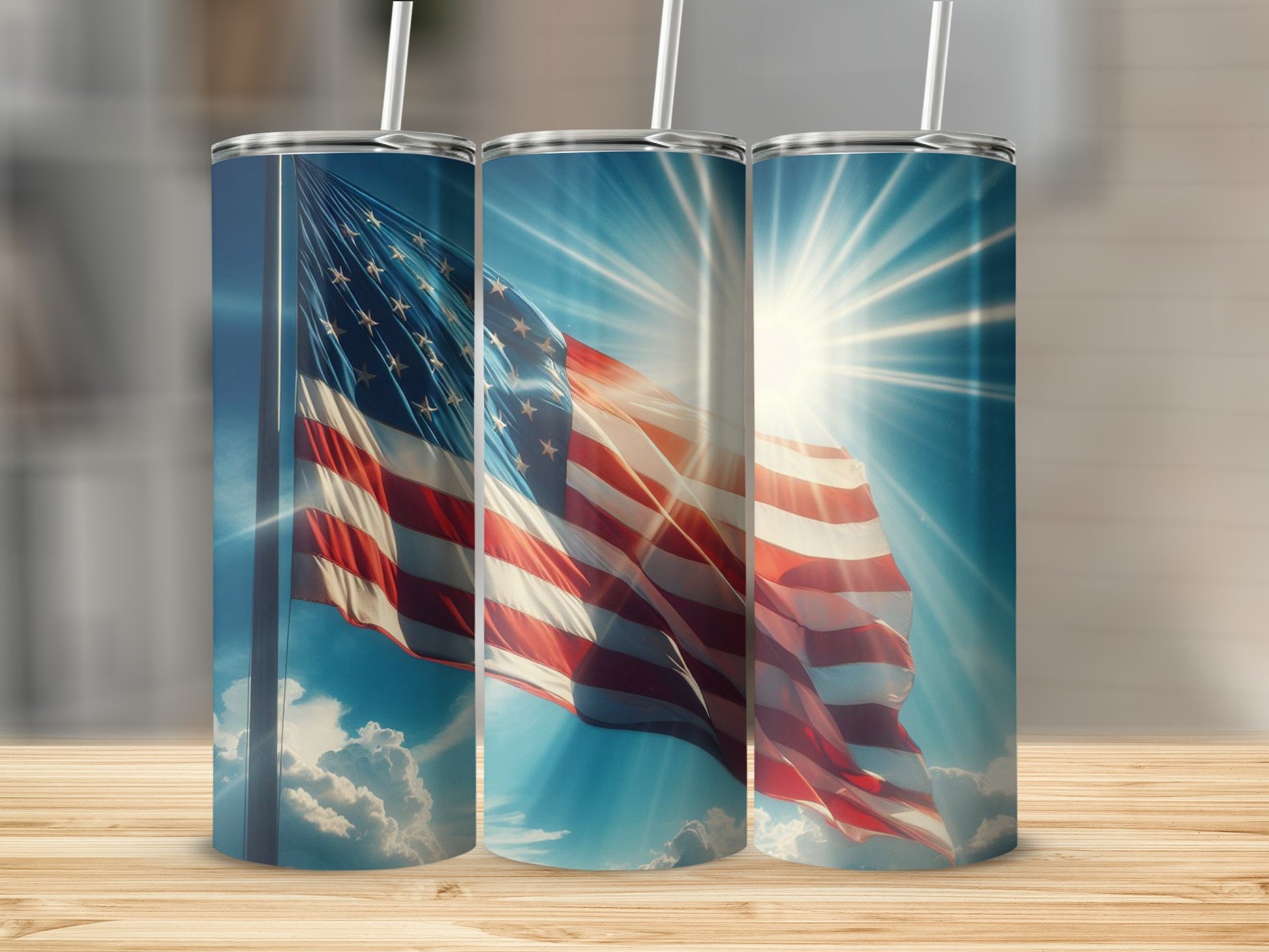 American flag in bright sunlight, three tumblers side by side.