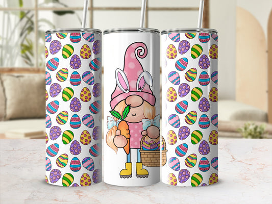 Easter gnome with pink hat and carrot, surrounded by colorful eggs.