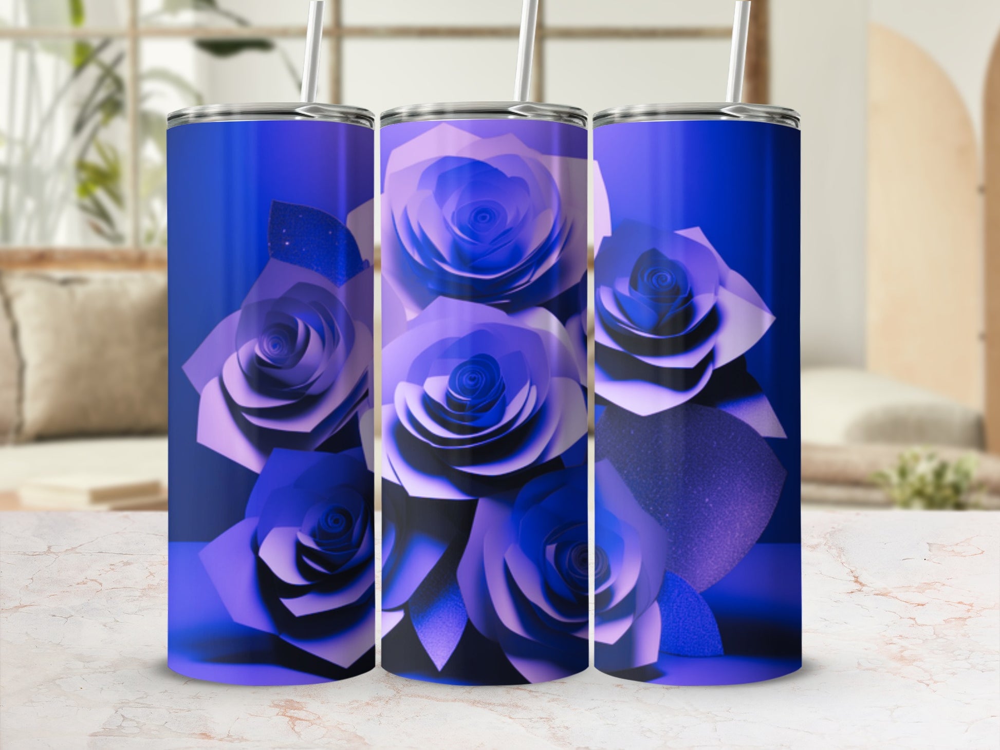 Three purple rose tumblers with glitter accents on a counter.