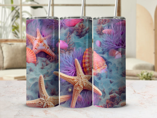 Triptych of tumblers featuring starfish and seashells on a blue ocean floor.