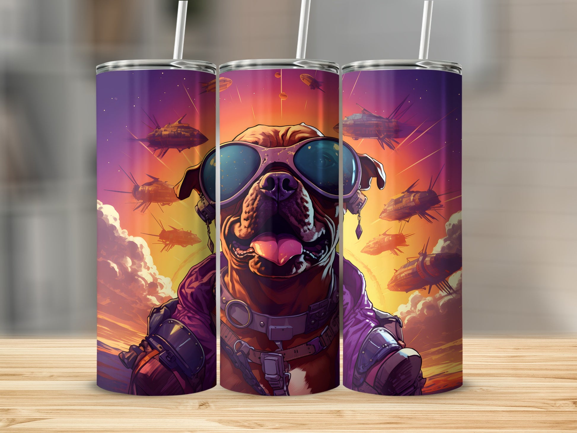 Dog wearing aviator sunglasses and futuristic outfit, surrounded by spaceships in sunset sky.