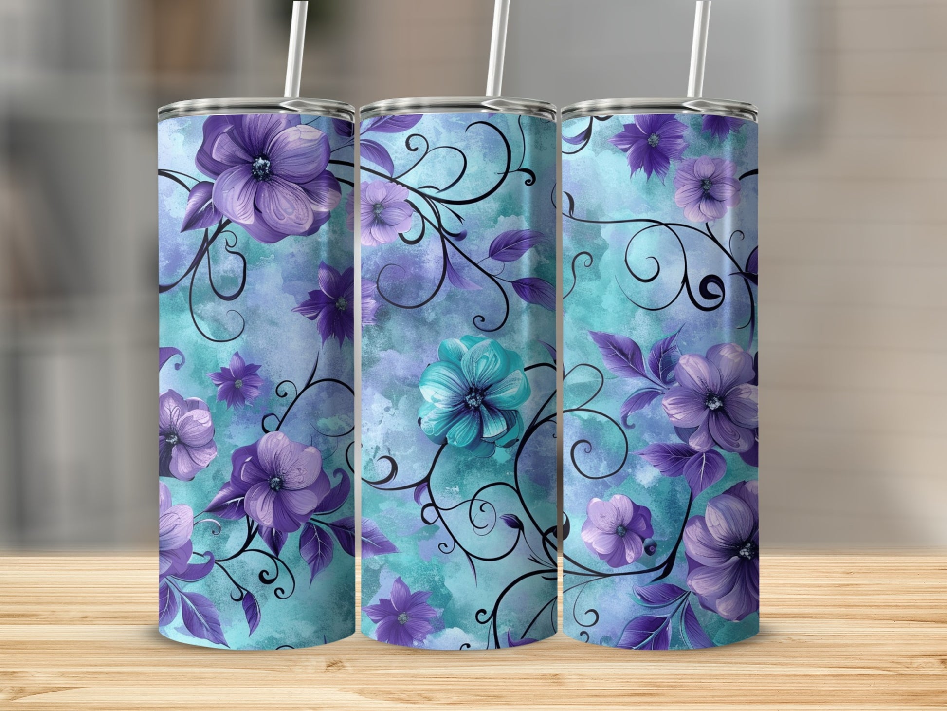 Elegant Purple and Blue Floral Design Tumbler