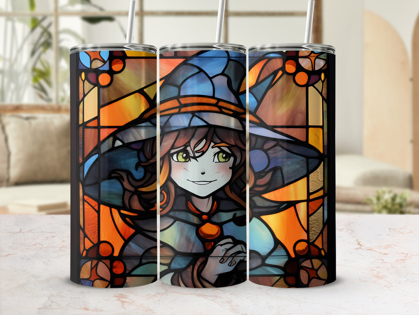 Stained glass witch tumbler with straw, featuring a cartoon witch in a hat.
