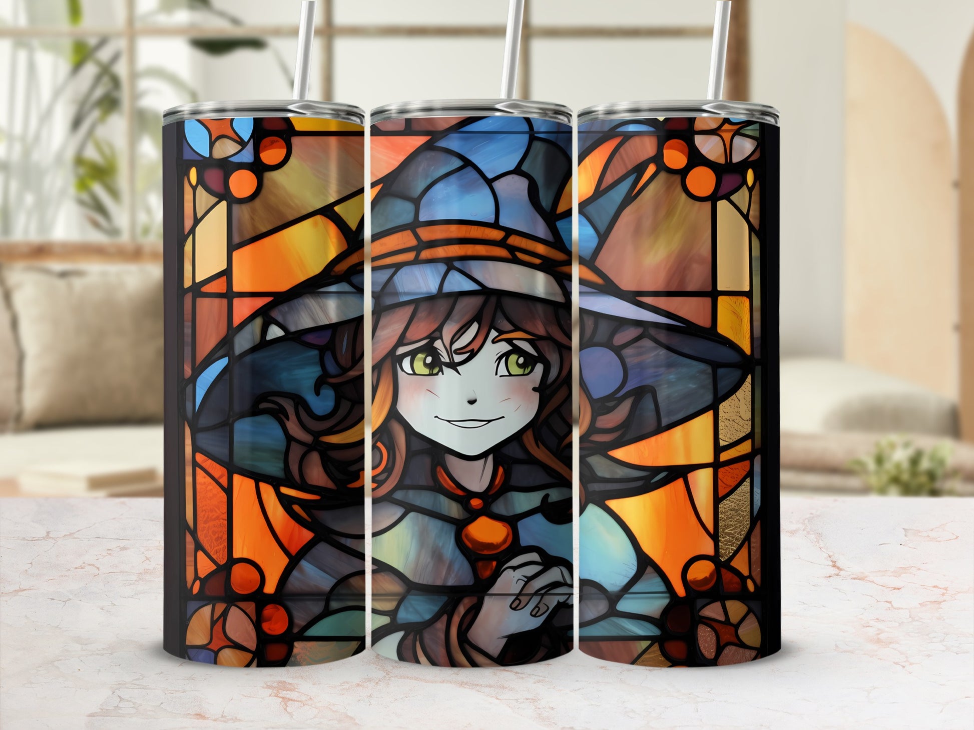 Stained glass witch tumbler with straw, featuring a cartoon witch in a hat.