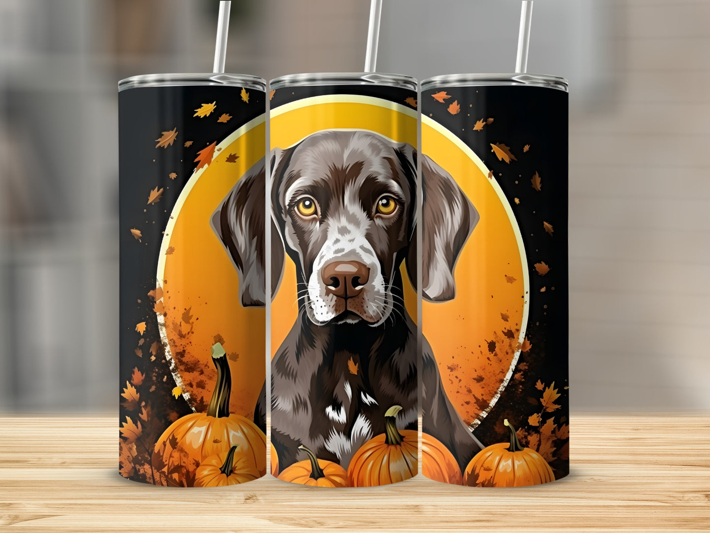 Three tumblers with a German Shorthaired Pointer and pumpkins design.