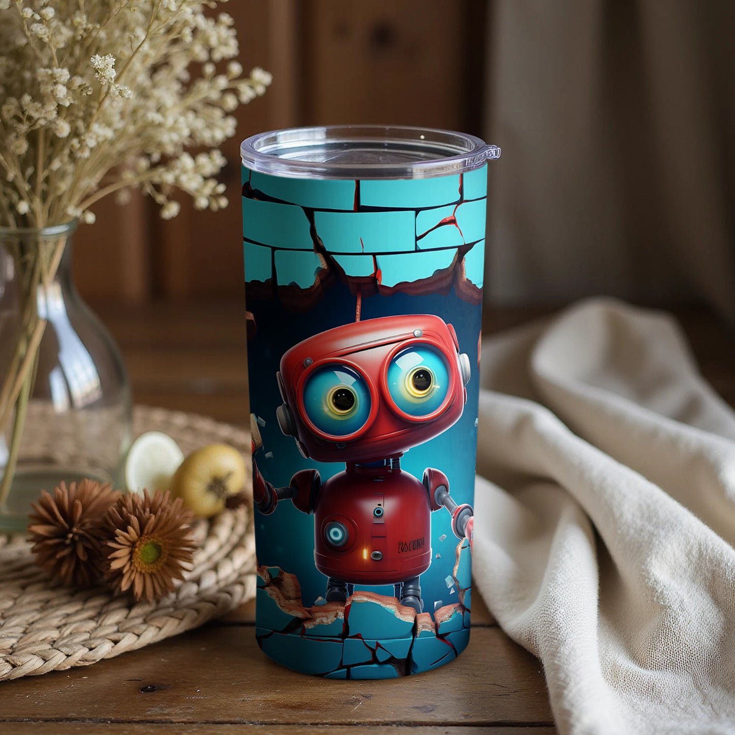 Quirky Red Robot Illustration on Blue Cracked Tumbler
