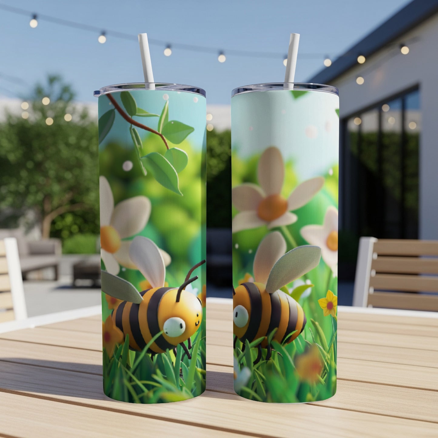 Two colorful cartoon bees on green grass with flowers and straws.