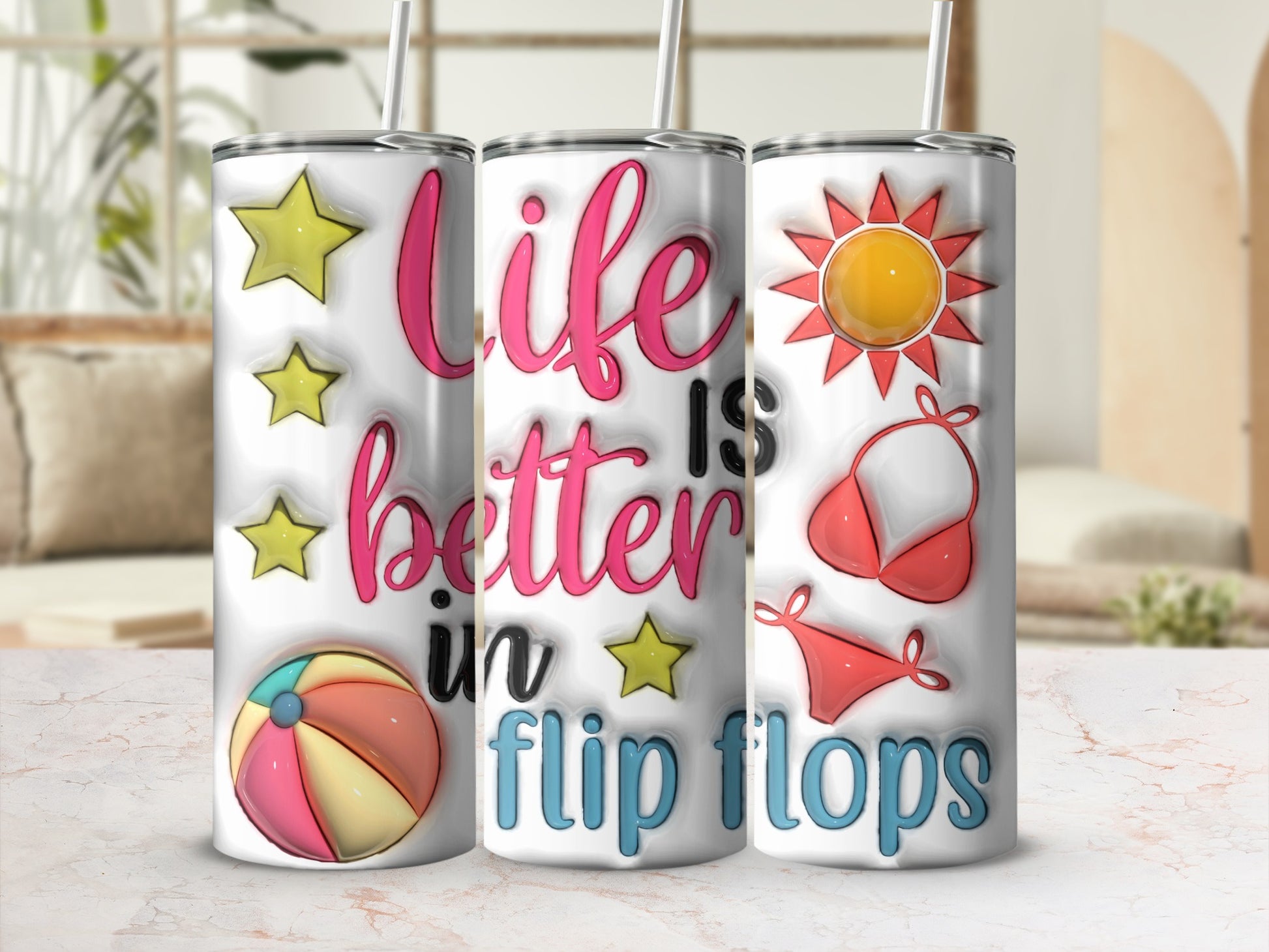 Tumbler with "Life is Better in Flip Flops" and beach graphics.
