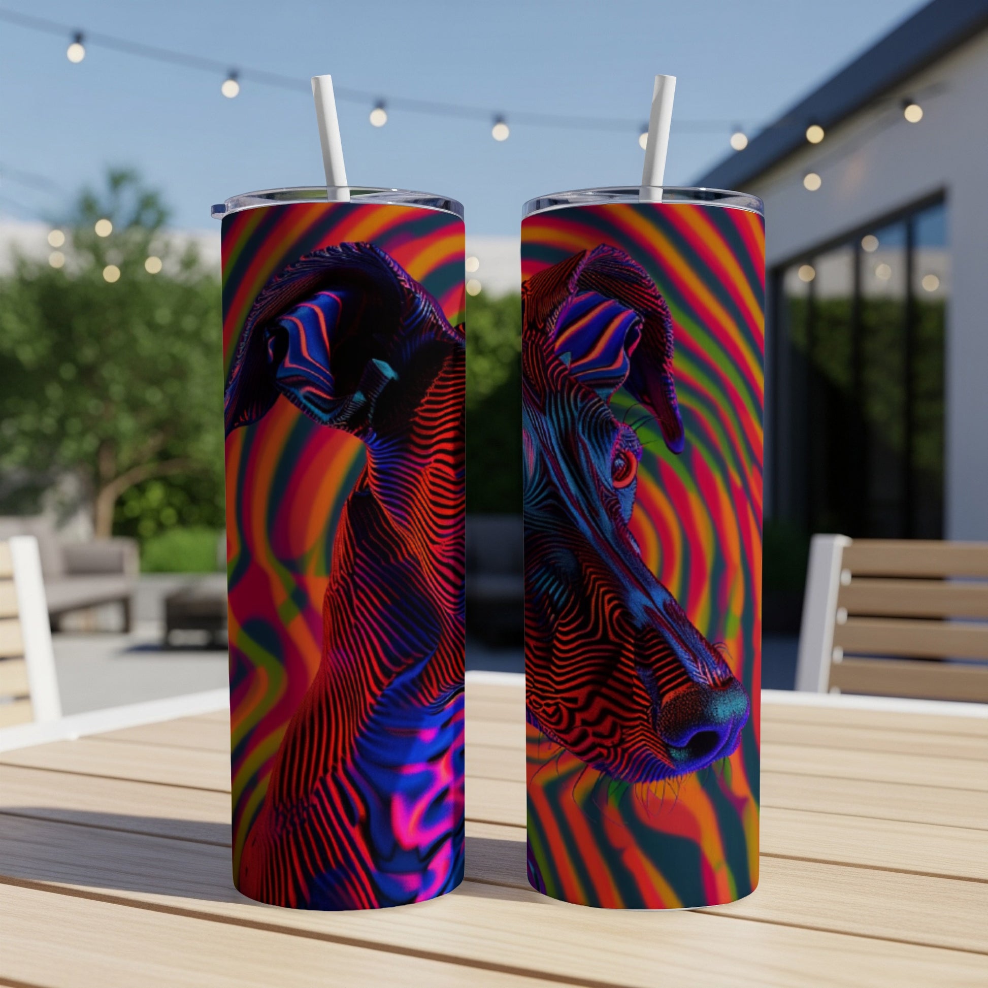 Two tumblers with psychedelic dog art sit on a table.