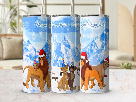 Christmas themed tumbler with lions and snowy mountains.