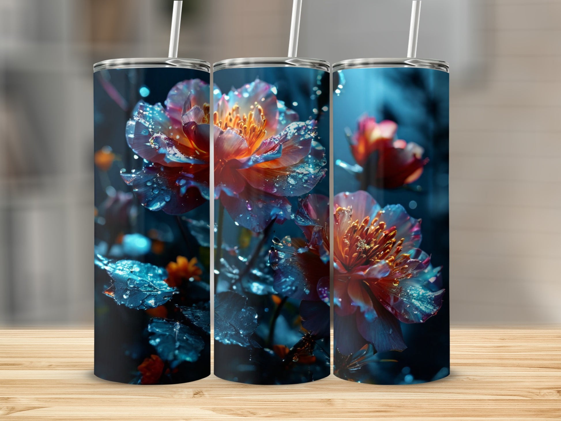 Three tumblers with a close-up of luminous flowers, water droplets.