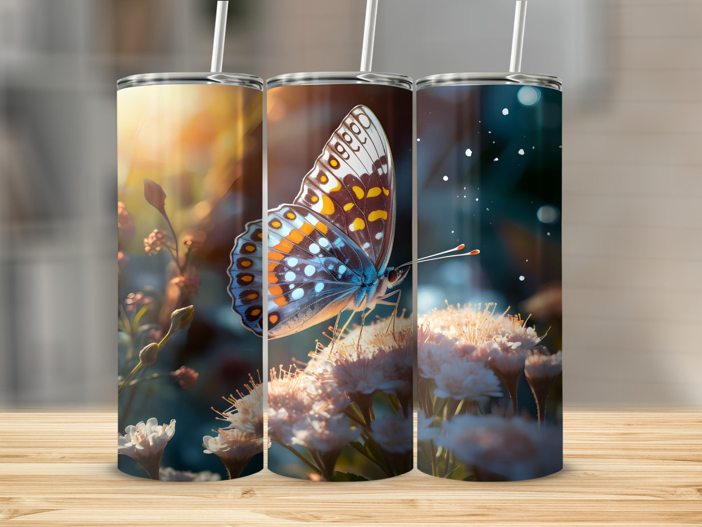 Three tumblers featuring a detailed butterfly on a flower.