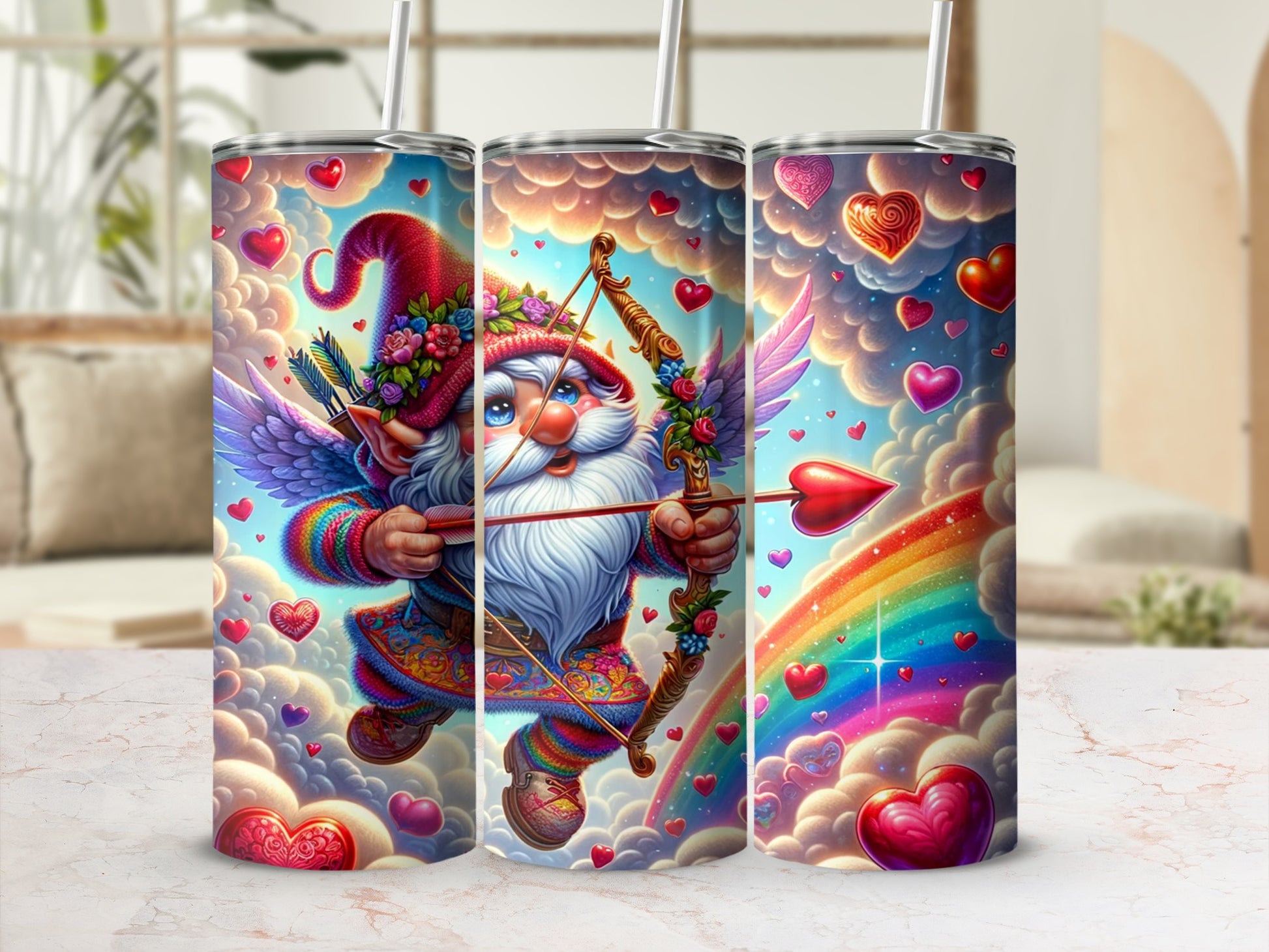 Colorful Cupid Gnome with Hearts and Rainbow Tumbler