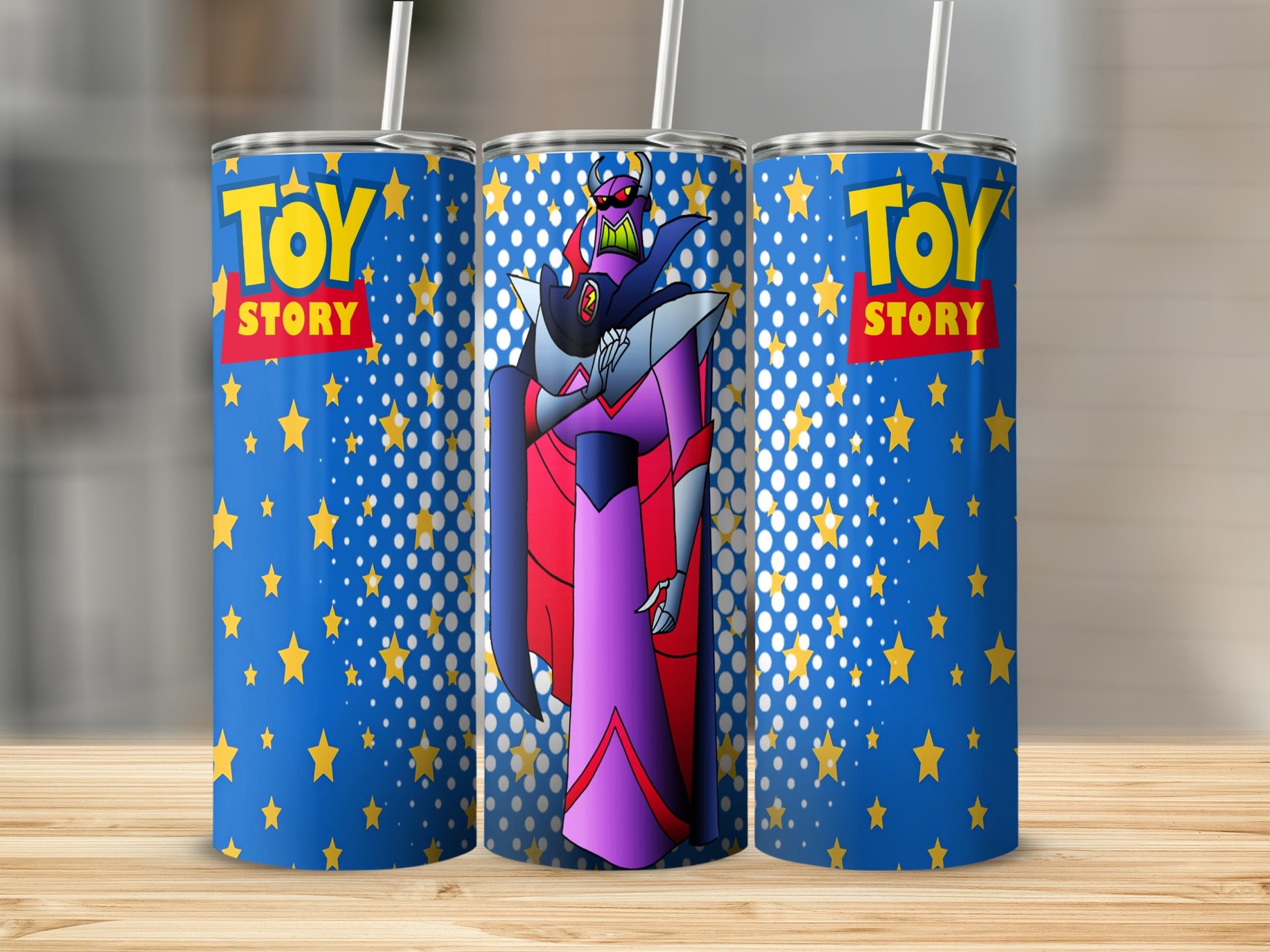 Toy Story Zurg tumbler with blue background and yellow stars.