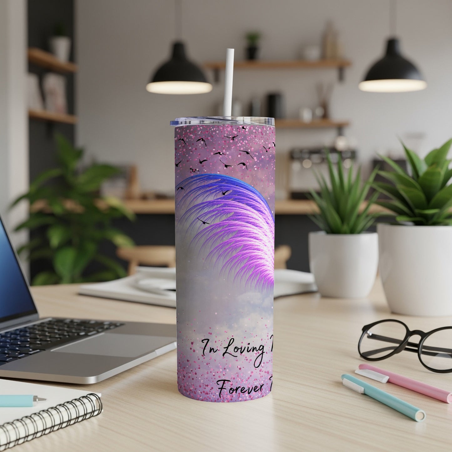 Purple and pink feathered abstract art with birds, on a white tumbler.
