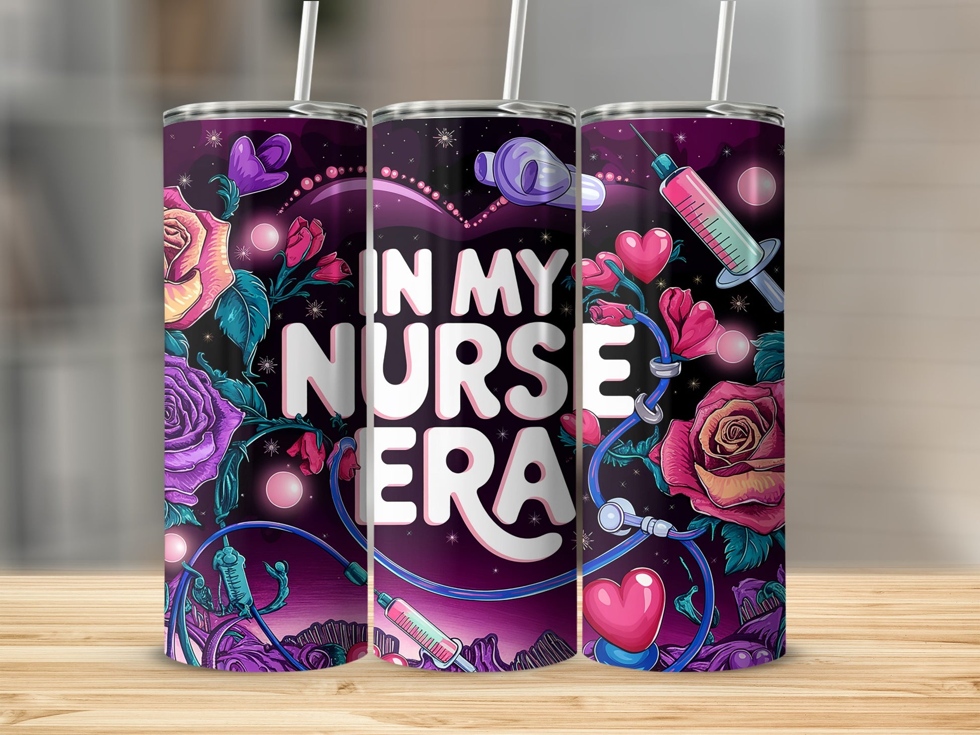 Pink and purple nurse tumbler with "In My Nurse Era" text and floral accents.