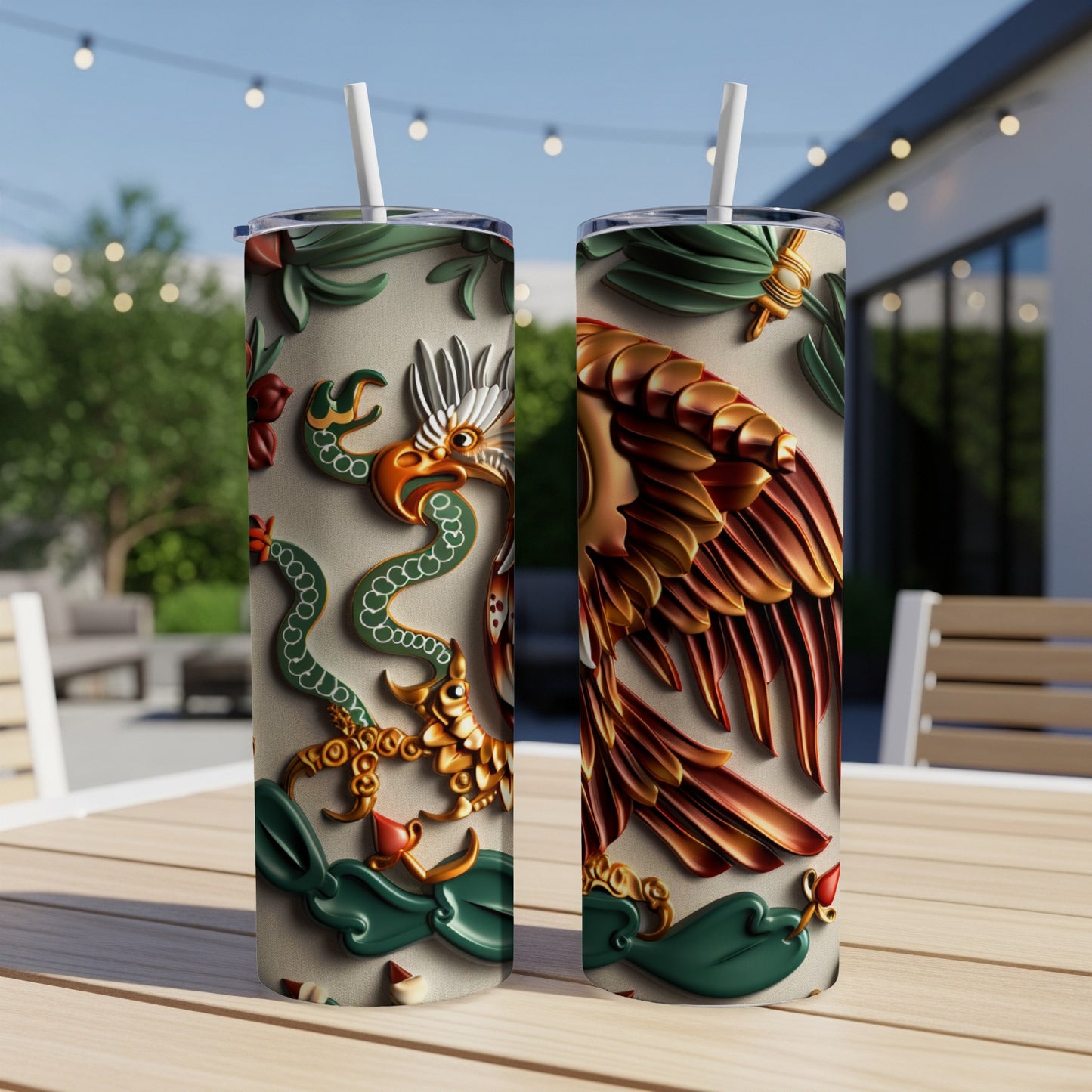 Two tumblers featuring the Mexican flag's eagle and serpent emblem against a textured background.