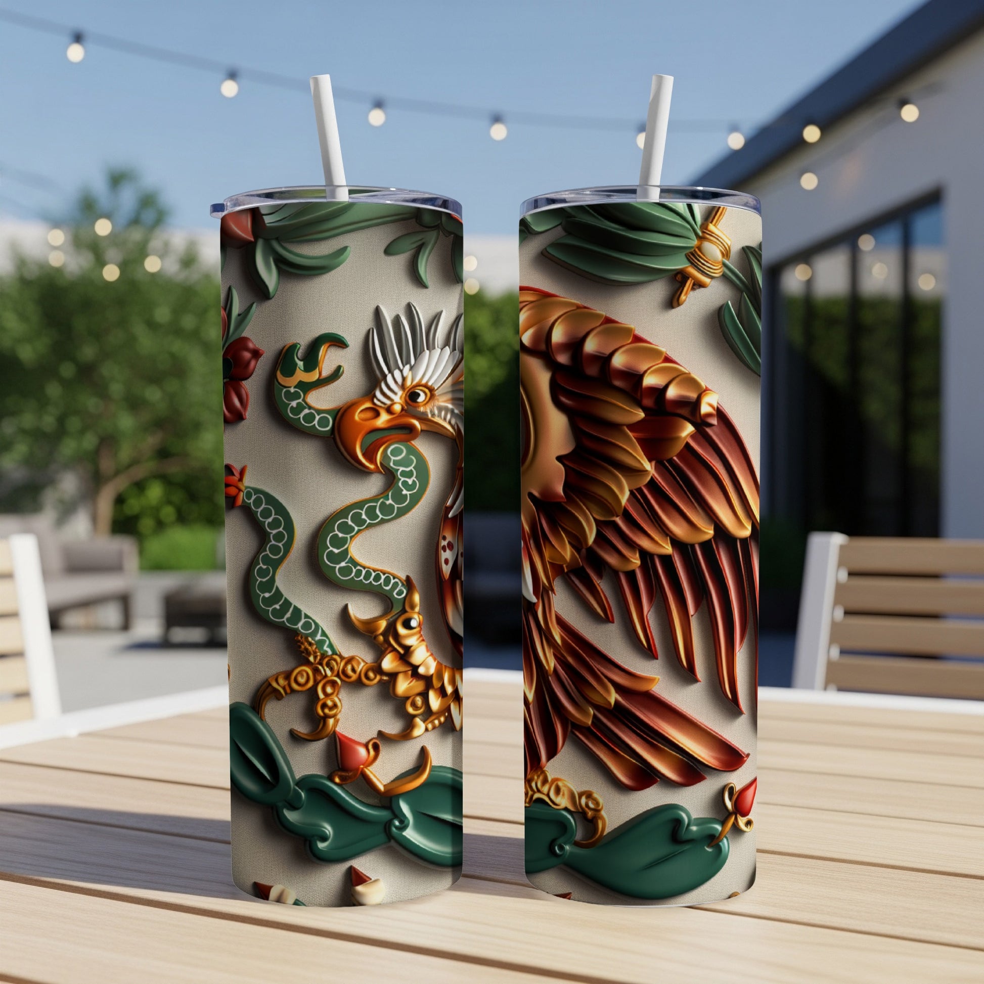 Two tumblers featuring the Mexican flag's eagle and serpent emblem against a textured background.